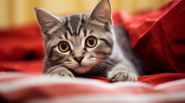 Young gray tabby cat lying down on red blanket