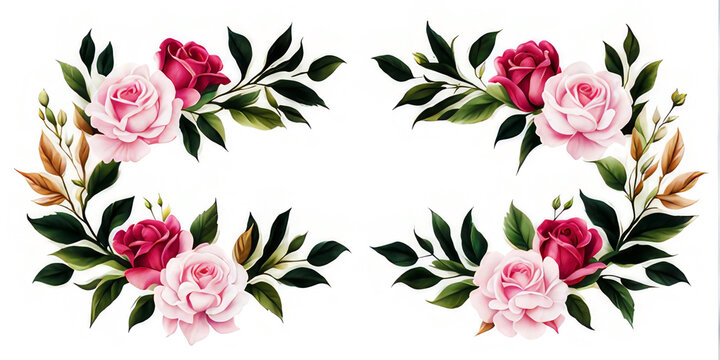 Colorful rose flower frames on white background. 