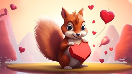 Little cute squirrel with hearts. The idea for congratulations on Valentine's Day, AI Geberative