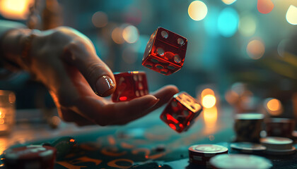 hand throws dice in casino	background
  - Powered by Adobe