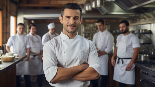 Seasoned chef leading a skilled team of chefs in crisp white uniforms within a bustling kitchen environment
