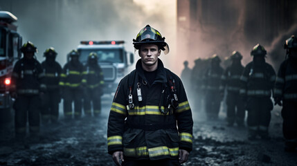 A sad firefighter standing in solitude in front of his team in the background - Powered by Adobe