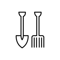 Shovel and rake outline icons, minimalist vector illustration ,simple transparent graphic element .Isolated on white background