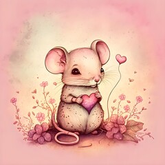Cute cartoon lonely mouse with  love shapes in pastel pink hues on pinkish background illustration