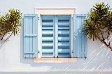 Blue louvered window shutters on a white house