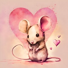 Cute cartoon lonely mouse with  love shapes in pastel pink hues on pinkish background illustration