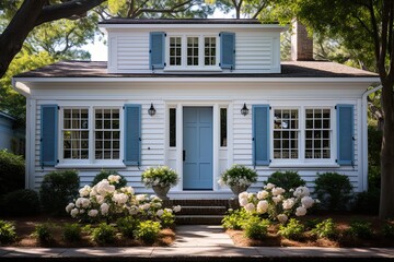 Blue louvered window shutters on a white house - obrazy, fototapety, plakaty