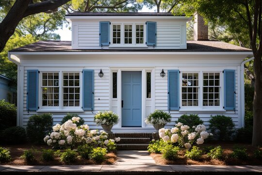 Blue louvered window shutters on a white house