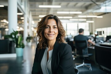 An executive woman in a sleek office chair, smiling warmly as she gazes at the camera amidst a contemporary office environment - obrazy, fototapety, plakaty