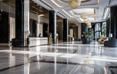 Empty luxury hotel lobby, with sleek modern design and chic decor. Elegant expensive materials like...