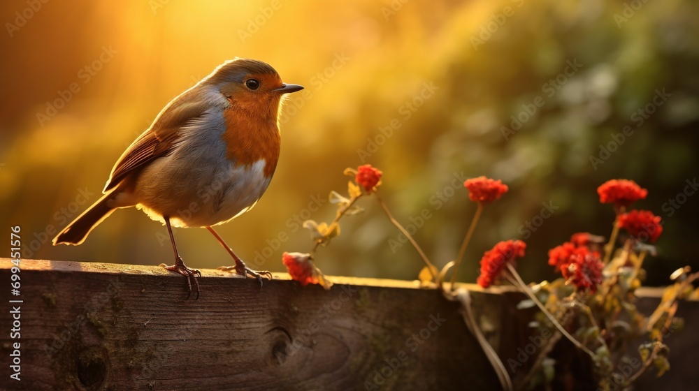 Canvas Prints a cheerful robin on a sunlit fence post, its feathers capturing the warm glow of the early morning s