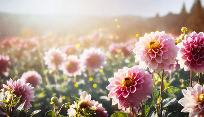 pink dahlias bloom in a field, creating a stunning floral background for banners and designs