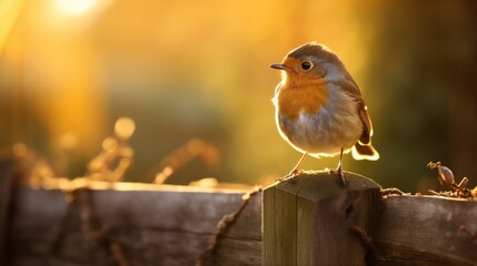 A cheerful robin on a sunlit fence post, its feathers capturing the warm glow of the early morning sunlight