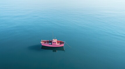 flat lay of a retro fishing boat on a sea with strong