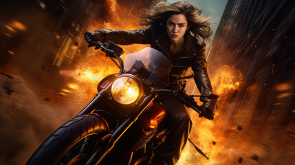 Action shot with black woman on the bike riding away from fire and explosion. Dynamic scene in action movie blockbuster style