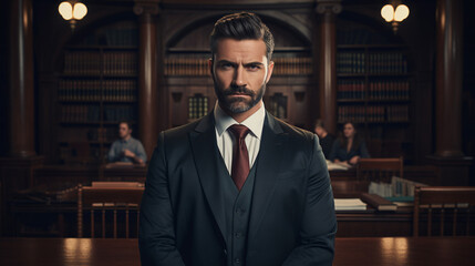 Serious lawyer looking towards the camera inside the courtroom