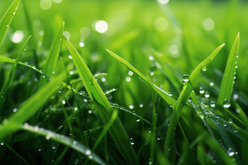 Green grass with water drops. Beauty and purity of environment - obrazy, fototapety, plakaty