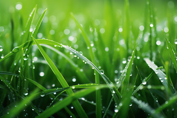 Green grass with water drops. Beauty and purity of environment - obrazy, fototapety, plakaty