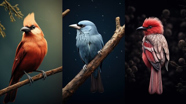 A compilation of hyper-realistic images showcasing various bird species perched in different environments, emphasizing biodiversity