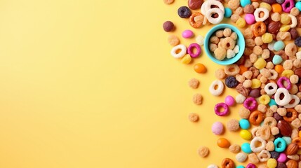 Colorful cereal in bowl on yellow background, top view. Space for text