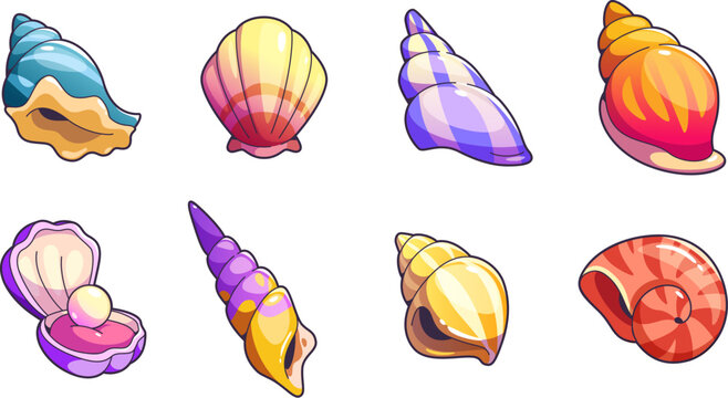 Sea shell and vessels game assets set. Cartoon vector illustration collection of cute marine underwater seashell for rpg gui design. Colorful nautical or aquarium spiral and scallop conch with pearl