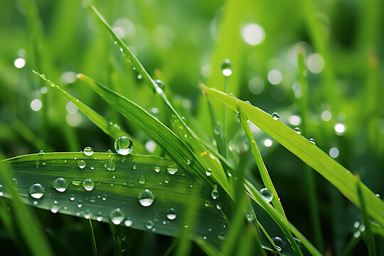 Green grass with water drops. Beauty and purity of environment