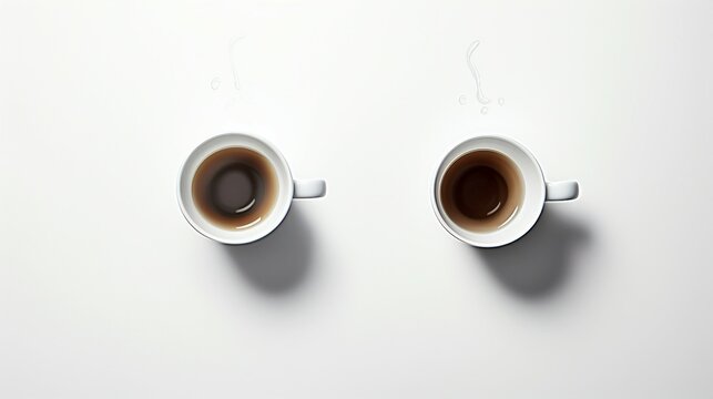 Two cups of coffee on a white background. View from above.