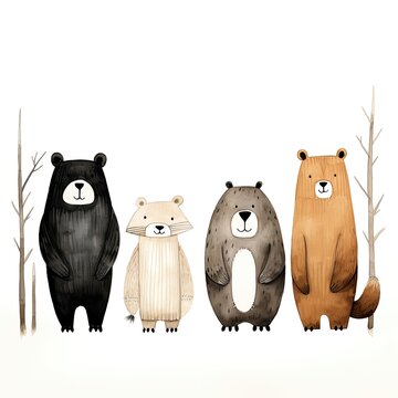 four cute bears standing watercolor clip art preview