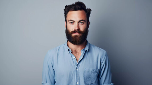 A bearded man dressed casually in a blue shirt shows off his good looks as he stands in a studio against a white backdrop 