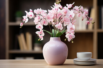 Fototapeta na wymiar Pink orchid in white vase on wooden table with blurred bookshelf background. 