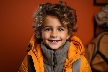 Portrait of happy schoolboy with backpack on orange background. 