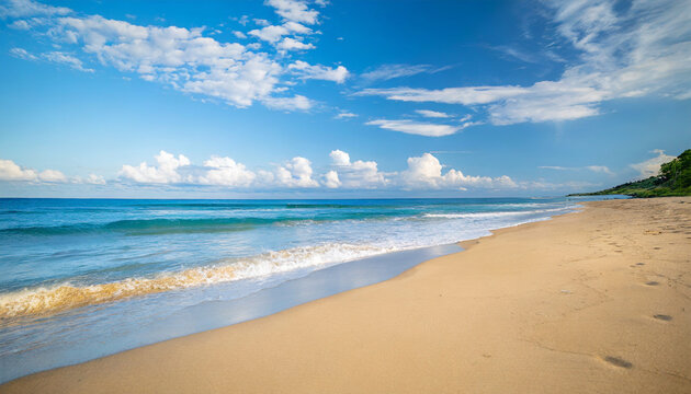 tropical beach scene: azure ocean, sunny sky, and sandy shore, evoking relaxation and serenity