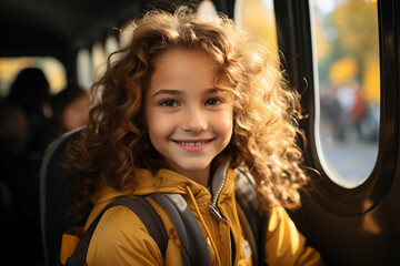 Fototapeta premium Smiling elementary student girl smiling and ready to board school bus. 