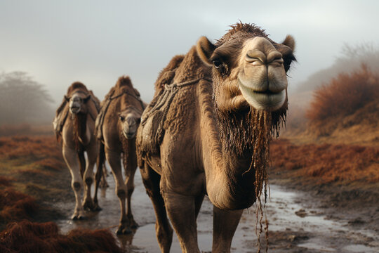 Portrait of an african Dromedary Camel standing in front of a Herd of Camels in the Desert. 