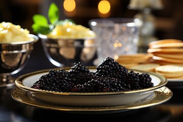 A luxurious spread of black caviar and blini, beautifully presented on golden tableware - obrazy, fototapety, plakaty
