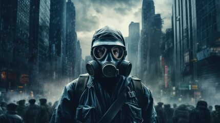 Post-apocalyptic scene: a lone warrior dons a gas mask and protective suit, navigating the ruins of a devastated city. - obrazy, fototapety, plakaty