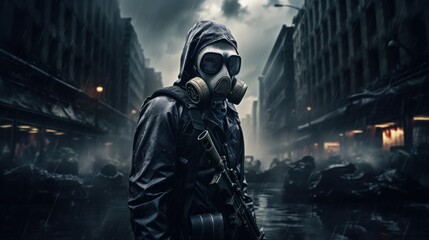 In a desolate cityscape, a man in a gas mask and protective suit symbolizes the aftermath of war and destruction. - obrazy, fototapety, plakaty