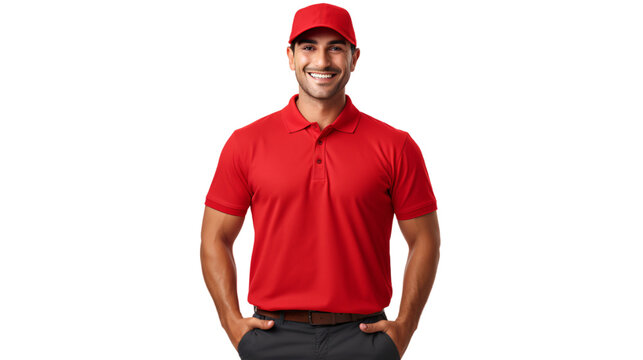 Front-facing smiling delivery person in a red uniform with hat isolated background