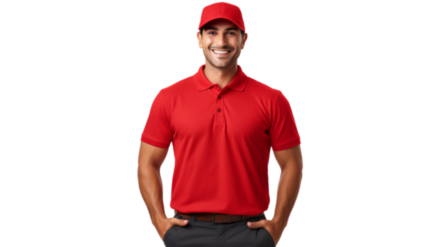 Front-facing smiling delivery person in a red uniform with hat isolated background