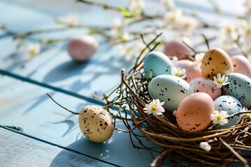 easter card, easter bunny with eggs, easter eggs and flowers, easter eggs in a basket, easter eggs and flowers on a white background, easter wall paper and background for social media