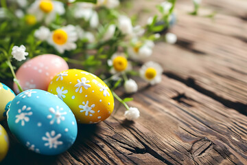 Obraz na płótnie Canvas easter card, easter bunny with eggs, easter eggs and flowers, easter eggs in a basket, easter eggs and flowers on a white background, easter wall paper and background for social media