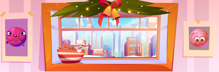 Window of cozy warm room from inside, decorated with Christmas decor, cookies and candies in dish on windowsill, and view on snowy city with skyscrapers. Cartoon xmas and New Year winter home scene.