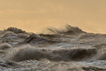 Strong storm at sea. Waves break and splash in the open sea and strong winds. Selective focus.