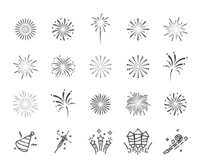Set of firework icons, celebration, party, Happy New Year Element Vector Illustration.