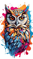 owl on the background of colored spots of paint. White background. Print on t-shirts