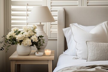 Interior photography of neutral toned bedroom with white bedding