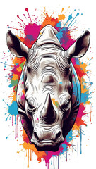 rhinoceros on the background of colored spots of paint. White background. Print on t-shirts