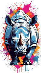 rhinoceros on the background of colored spots of paint. White background. Print on t-shirts