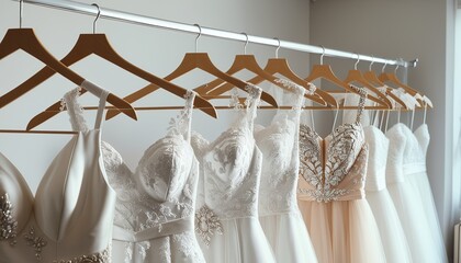 Elegant Bridal Dress on Hangers in Boutique Salon - obrazy, fototapety, plakaty