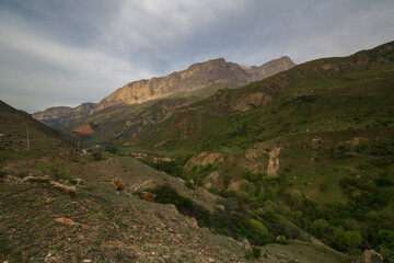 Panoramic view of the Caucasus mountains on sunset